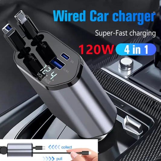 120W Dual-Port Car Charger with Retractable Cables